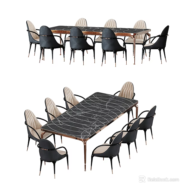 Elegant Modern Dining Table Set With Marble Tabletop Black And Beige Chairs And Metal Legs 3d model 