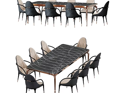 Elegant Modern Dining Table Set With Marble Tabletop Black And Beige Chairs And Metal Legs 3d model