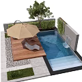 Serene Outdoor Swimming Pool Area With Wooden Deck Lounge Chairs Umbrella Tree Hedge And Waterfall