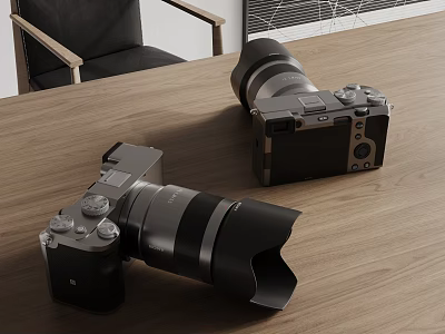 Digital Cameras Placed On Wooden Table Near Chair 3d model Digital Cameras Placed On Wooden Table Near Chair 3d model