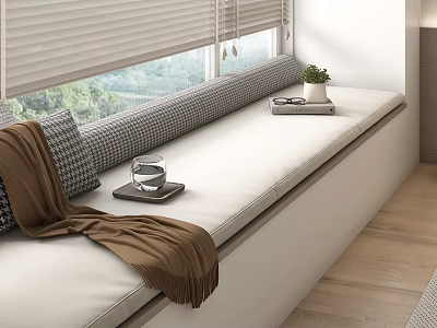 Cozy Bay Window Seat With Cushioned Surface Pillow Brown Blanket Tray Glass And Potted Plant 3d model