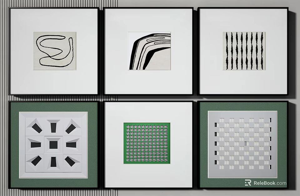 Abstract Framed Artworks With Different Patterns In Grid Wall Arrangement 3d model