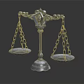Ornamental metal balance scale with decorative base trays and chains