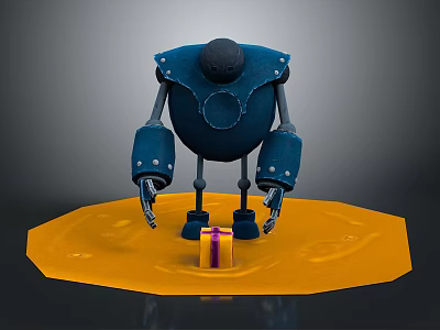 Blue Armored Robot Character With Black Head Standing on Yellow Platform Near Gift Box 3d model