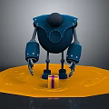 Blue Armored Robot Character With Black Head Standing on Yellow Platform Near Gift Box