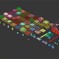 Cartoon Lego Farm Scene Featuring Colorful Crop Plots Red Barn Tractor And Small Figures