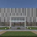 Modern Office Building Exterior With Glass Curtain Wall Grand Entrance And Landscaped Garden