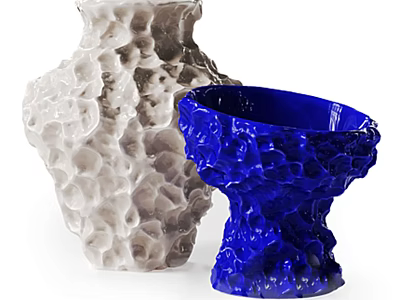 Ceramic Decorative Ornament Set With Gray White And Blue Textured Vase And Bowl Shaped Decor Pieces 3d model