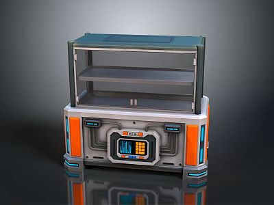 Display Cabinet With Glass Cover Control Panel Orange Accents Gray Base And Storage Shelf 3d model
