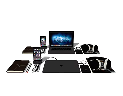 Modern Laptop Apple Laptop Mobile Phone Mobile Hard Disk Headset Glasses Stationery 3d model