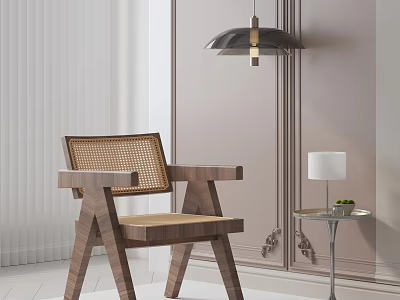 Modern Wooden Leisure Chair With Rattan Backrest In Minimalist Room Setting 3d model