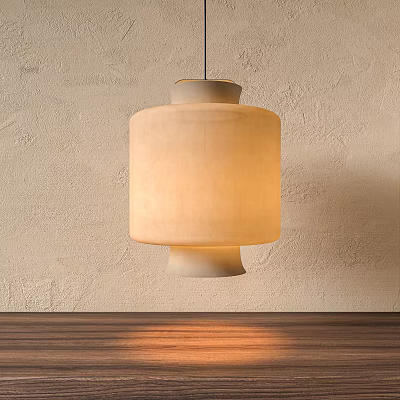 Modern Beige Pendant Light With Cream Linen Shade And Warm Glow Over Textured Wall 3d model