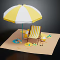 Cartoon Beach Scene With Yellow And White Umbrella Striped Deck Chair Lifebuoy And Flip Flops