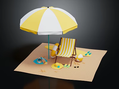 Cartoon Beach Scene With Yellow And White Umbrella Striped Deck Chair Lifebuoy And Flip Flops 3d model