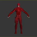 Red Superhero Figure In Full Body Suit With Chest Emblem And Utility Belt Standing Pose