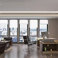Modern Office Interior With Large Windows City View Work Desk And Green Plants