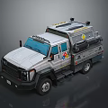 Silver Gray Heavy Duty Utility Truck With Roof Warning Stripes And Side Logos