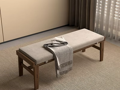 Wooden Bench With Light Colored Cushion And Gray Blanket In Cozy Living Room 3d model