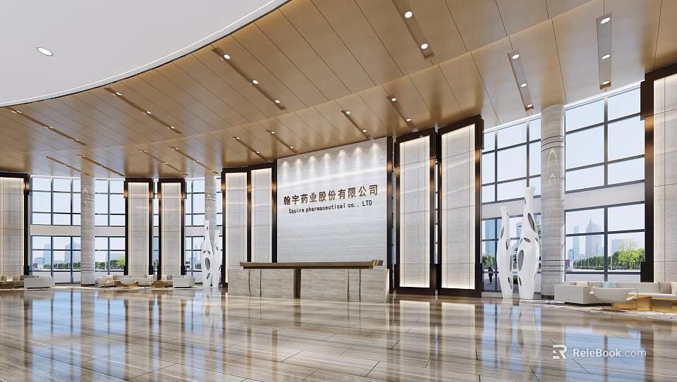 Elegant Front Desk Reception Area In Modern Lobby With Marble Floor Large Windows And Lighting 3d model 