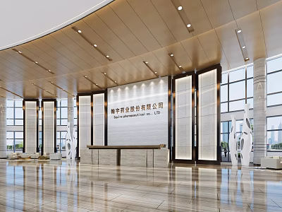 Elegant Front Desk Reception Area In Modern Lobby With Marble Floor Large Windows And Lighting 3d model