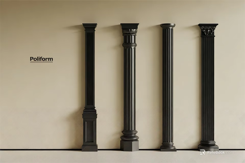 Poliform Black Decorative Columns With Varied Designs And Fluted Details For Interior 3d model 