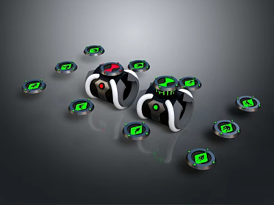 Multiple Black And Green Electronic Devices With Circular Sensors And Main Units 3d model