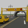 Road Infrastructure Featuring Yellow Car Traffic Signs And Bridge Structure On Roadway