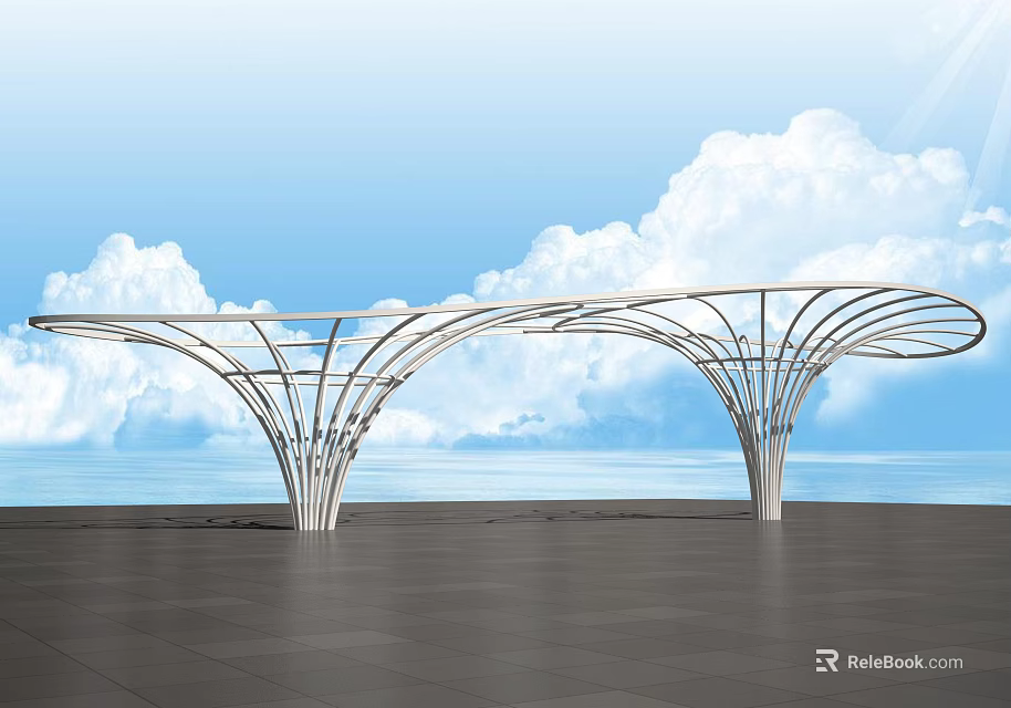 Modern Metal Pergola With Curved Frame Design In Outdoor Space And Sky Background 3d model 