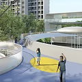 Modern Pergola Structure with Circular Water Feature and Green Trees in Urban Garden