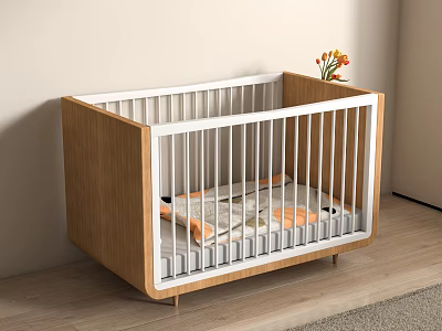 Modern Wooden Baby Crib with White Railings and Soft Mattress Orange Accents in Cozy Interior 3d model