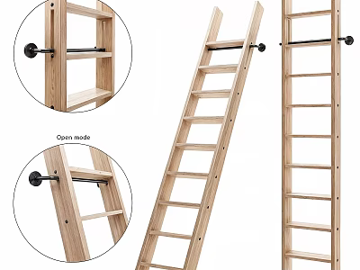 Wooden Ladder Staircase With Open Design And Black Metal Hardware Details 3d model