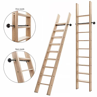 Wooden Ladder Staircase With Open Design And Black Metal Hardware Details 3d model