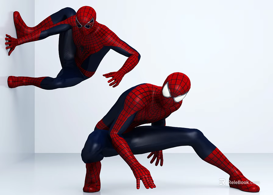 Two Spider Man Characters In Dynamic Leaping And Crouching Poses On White Background 3d model