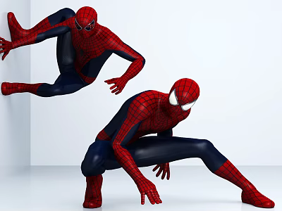 Two Spider Man Characters In Dynamic Leaping And Crouching Poses On White Background 3d model