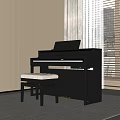Elegant Black Piano Musical Instrument In Bright Room With Window Curtain Stool And Carpet