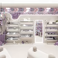 Purple Themed Specialty Store Interior With White Dolls Display Shelves And Decorative Plants