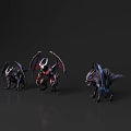 Three Mythical Winged Flying Creatures With Black Wings Red Accents And Horned Heads