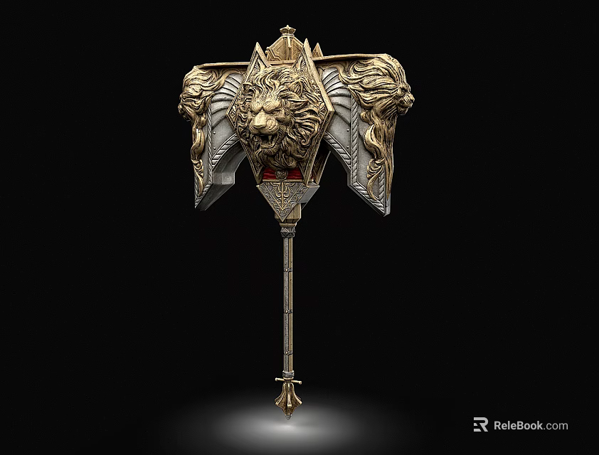Ornate Medieval Weapon With Golden Silver Lion Head Decorations And Red Gemstone 3d model 