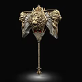 Ornate Medieval Weapon With Golden Silver Lion Head Decorations And Red Gemstone