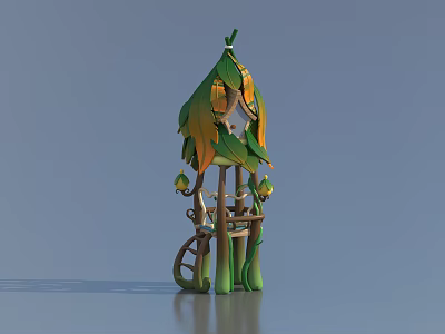 Decorative Structure With Green Yellow Leaf Roof Branch Like Supports And Round Wheel Base 3d model