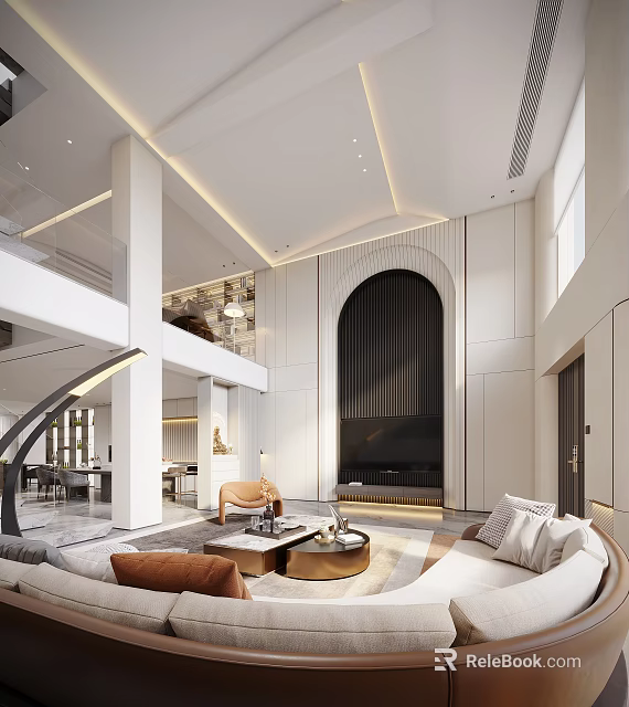 Modern Loft Living Room With High Ceiling And Elegant Decor 3d model