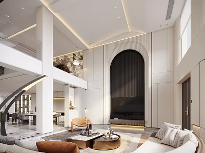Modern Loft Living Room With High Ceiling And Elegant Decor 3d model
