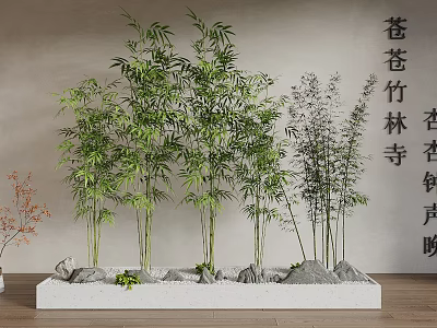 Lush Green Bamboo Plants Arrangement With Tall Stems And Decorative Rocks 3d model