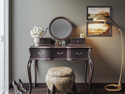 Elegant Dark Wood Vanity with Carved Details Round Mirror Table Lamp White Flowers Upholstered Stool 3d model