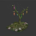 Tree branches decorated with yellow lantern-like objects green grass under stones and glowing small lights