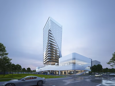 Modern Glass Office Building With Tall Structure And Landscaped Urban Surroundings 3d model