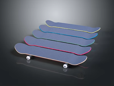 Multiple Colorful Skateboards with Colored Decks and White Wheels Stacked on Dark Background 3d model