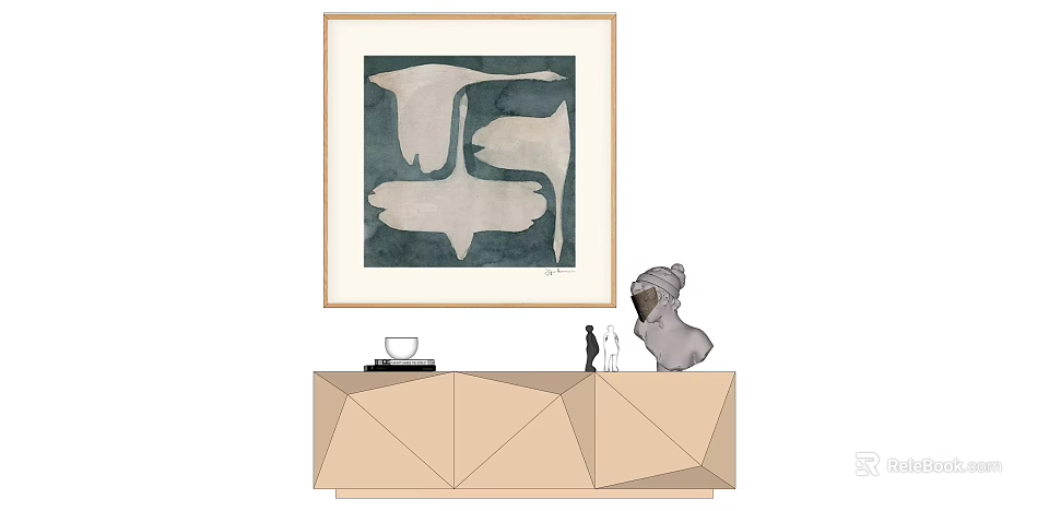 Stylish Interior Decor With Geometric Cabinet Decorative Painting And Dog Sculpture 3d model 