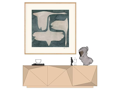 Stylish Interior Decor With Geometric Cabinet Decorative Painting And Dog Sculpture 3d model