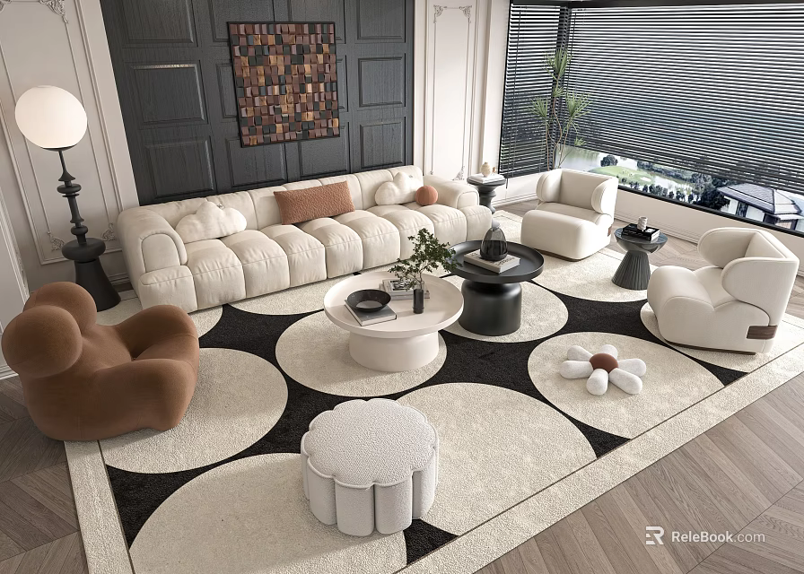 Modern Living Room Sofa And Coffee Table Set With Patterned Rug Accent Chairs 3d model